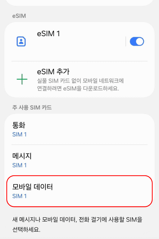 모바일 데이터 항목 선택
