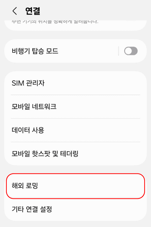 연결에서 해외 로밍 선택